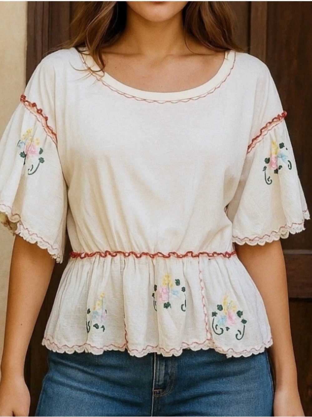 Anthropologie Cream Floral Embroidered Peplum Blouse, sz 3X - has flaw